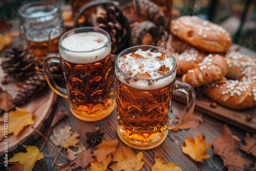 Oktoberfest beer and food on wooden table, top view flat lay, ai generated