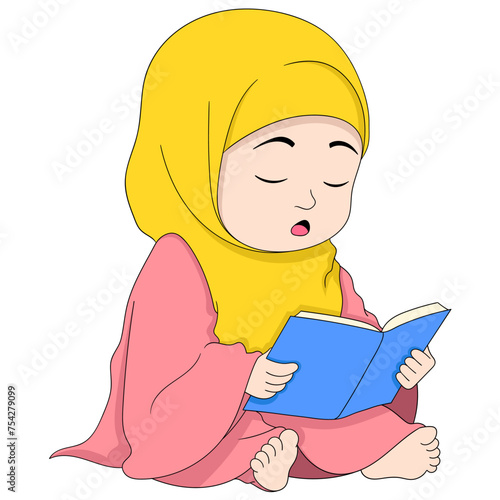 cartoon doodle illustration of religion, a beautiful girl dressed in Muslim clothes, sitting in prayer reading the holy book