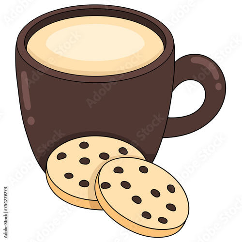 Flat color illustrations of food and drinks, a glass of cappuccino coffee with biscuits and cookies