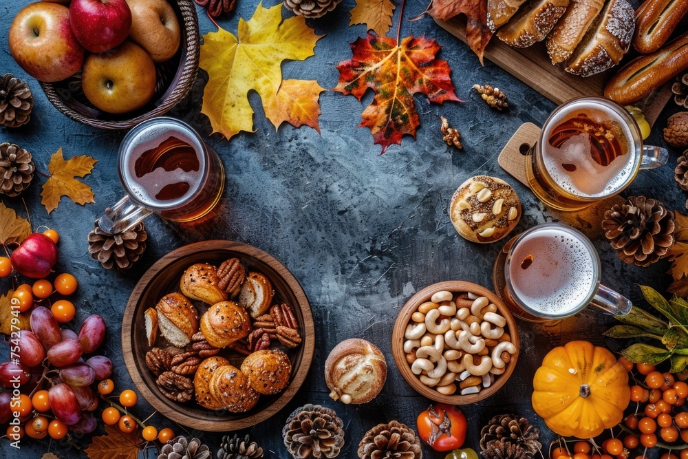 Oktoberfest beer and food on wooden table, top view flat lay, ai generated