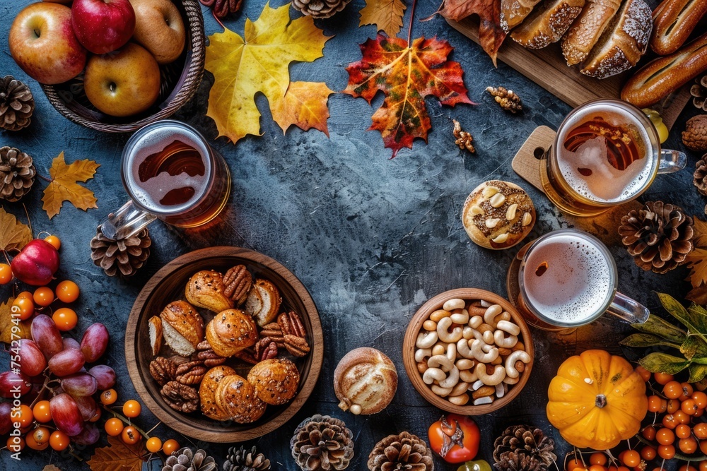 Oktoberfest beer and food on wooden table, top view flat lay, ai generated Oktoberfest beer and food on wooden table, top view flat lay, ai generated