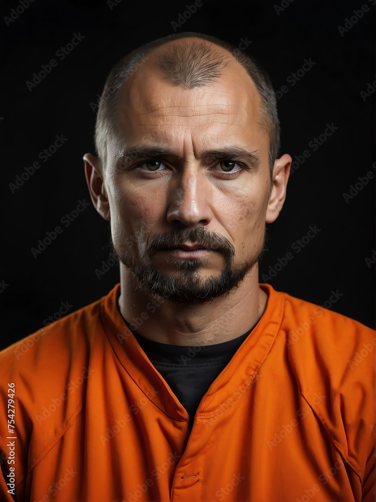 Portrait of a russian prisoner on orange jail uniform on plain black background looking at the camera from Generative AI
