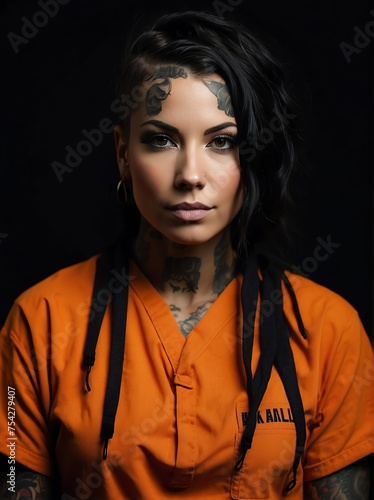 Portrait of a prisoner woman with tattoos on orange jail uniform on plain black background looking at the camera from Generative AI