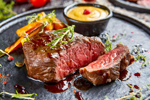 Chateaubriand beef tenderloin steak on a dark plate. cooked to medium rare perfection and is glistening with juices. grilled vegetables including carrots. A small bowl of creamy sauce