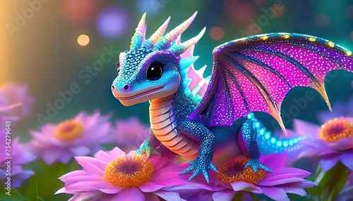 A Cute Smiling Baby Dragon With Colourful Wings Smelling The Flowers Fragrance