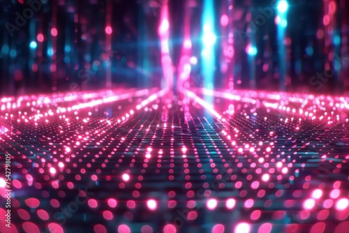 Glowing neon grid stretching into infinity photo
