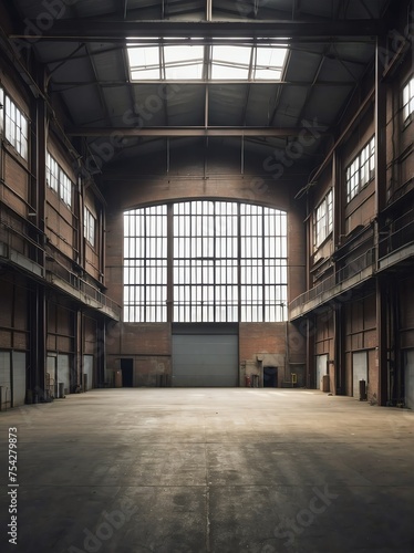Portrait of an empty industrial factory warehouse from Generative AI