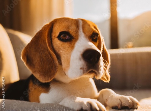 Cute beagle dog relaxing, lying in the couch at home