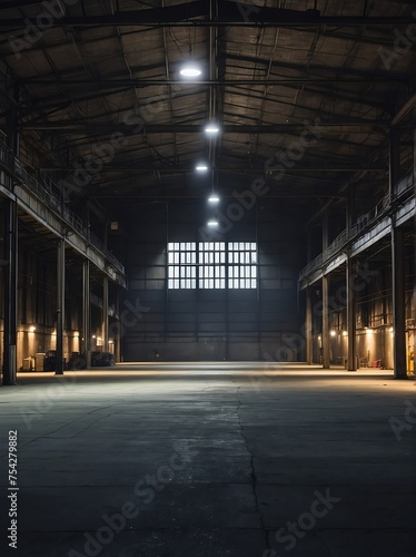 Portrait of an empty industrial factory warehouse at night from Generative AI