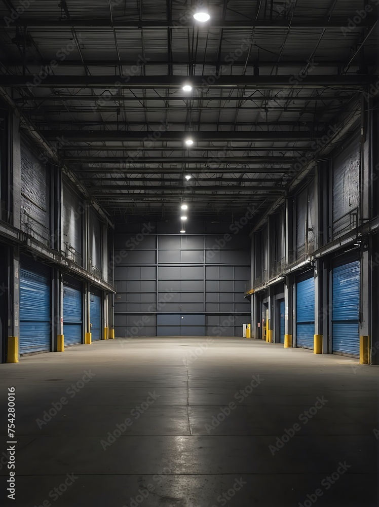Portrait of an empty storage warehouse at night from Generative AI