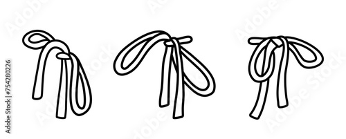 Set of three hand drawn linear knots of laces in doodle style. Editable stroke and color. Can be used as decoration design element, icon, clothes or packing element. Isolated vector illustration