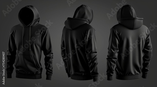 Set of black front and back view tee hoodie hoody sweatshirt on transparent background cutout, PNG file. Mockup template for artwork graphic design