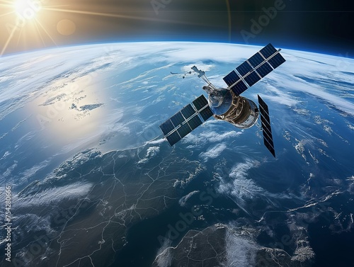 Satellite with solar panels in orbit around Earth, showcasing advanced technology in space.