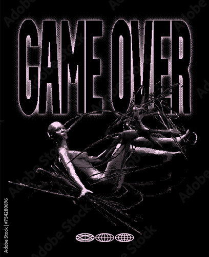 Retro futuristic poster with flying woman. Dither effect, "Game over" Techno streetwear print for t-shirt and hoodie.