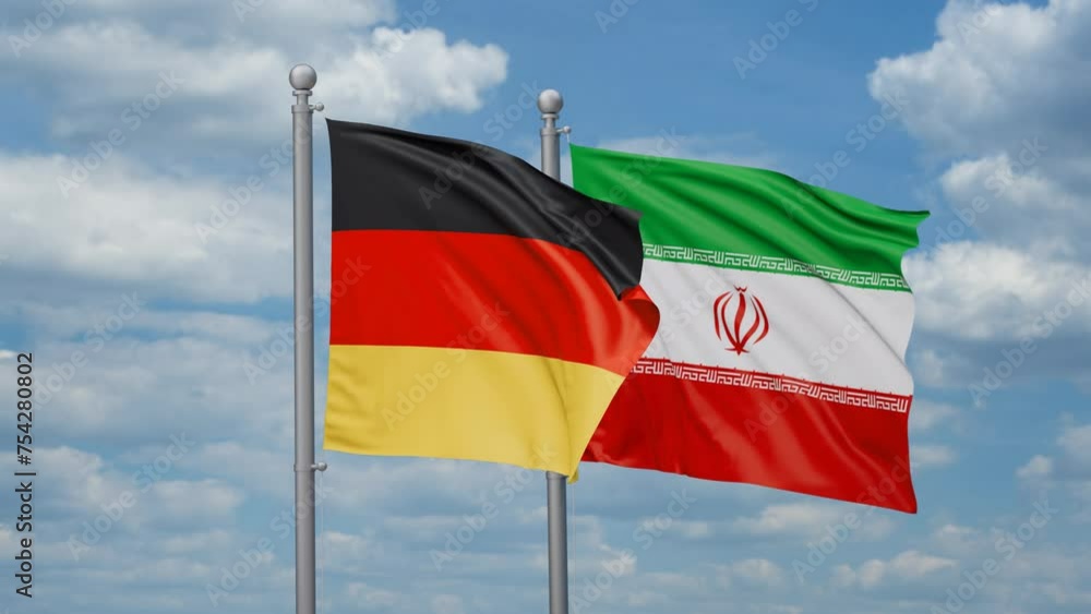 Iran and Germany two flags waving together on blue sky, looped video Iran and Germany two flags waving together on blue sky, looped video