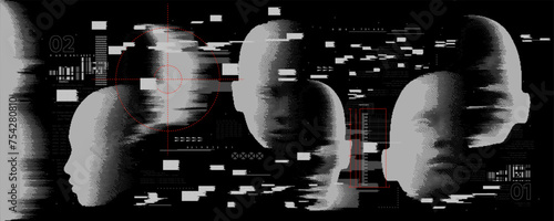 Retro futuristic blured face. Pixel bitmap graphic with grunge distorted waves. Vector background
