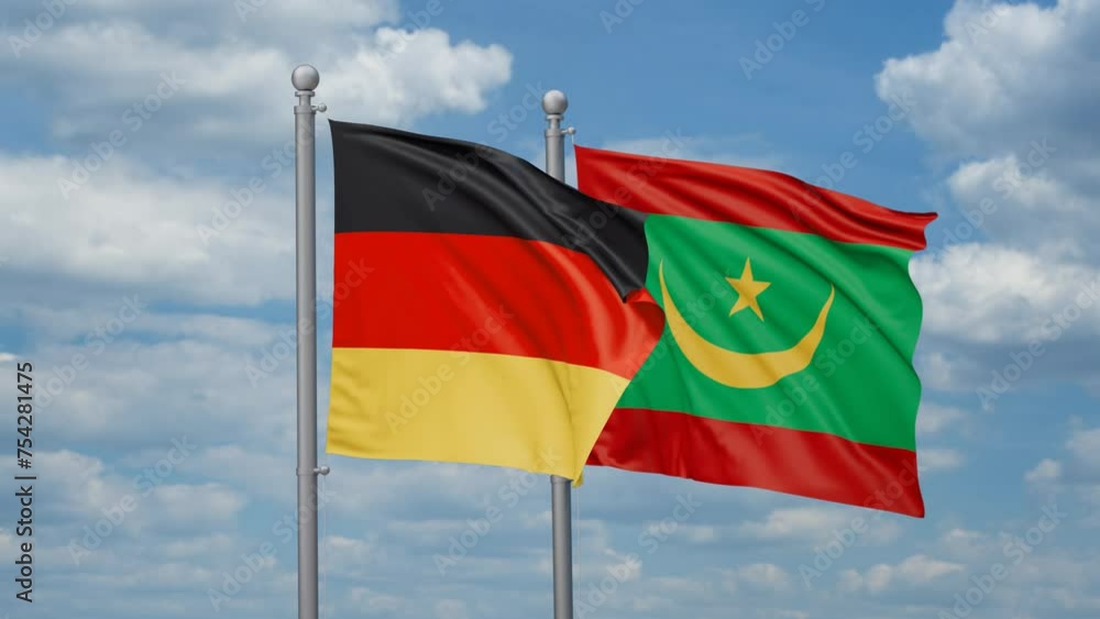 Mauritania and Germany two flags waving together, looped video, two country cooperation concept Mauritania and Germany two flags waving together, looped video, two country cooperation concept