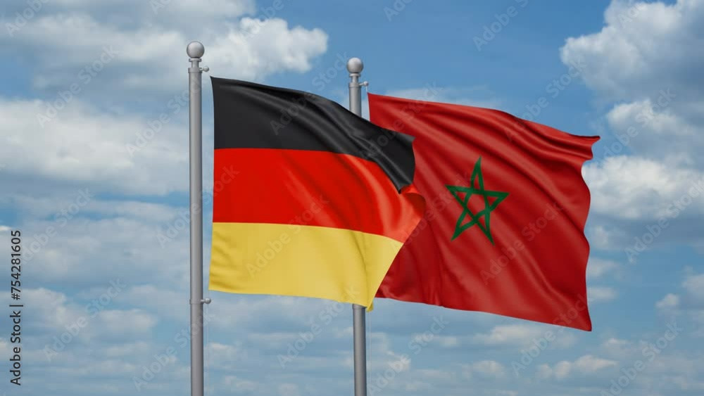 Germany and Morocco two flags waving together, looped video Germany and Morocco two flags waving together, looped video