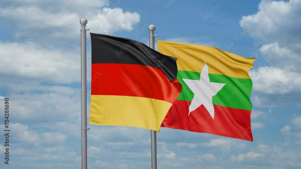 Myanmar aka Burma and Germany two flags waving together, looped video, two country relations concept Myanmar aka Burma and Germany two flags waving together, looped video, two country relations concept
