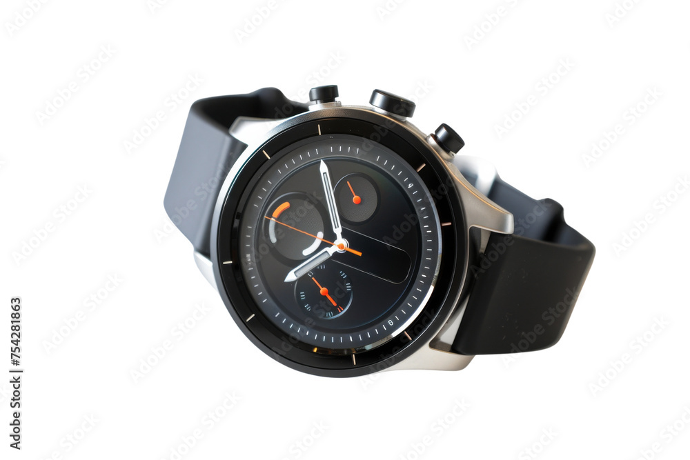 Smartwatch with black strap and silver bezel isolated on transparent background