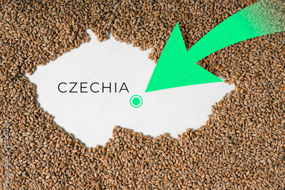 Map of Czechia filled with wheat grain. Direction green arrow. Space for text. Map of Czechia filled with wheat grain. Direction green arrow. Space for text.