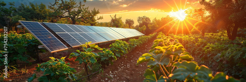 A photovoltaic panel system in an open field,solar panels in field at sunrise or sunset photo