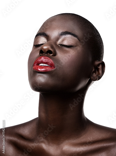 African, face and beauty from makeup in studio on white background with glow on skin from dermatology. Calm, model and lipstick from cosmetics and black woman with healthy skincare in mockup