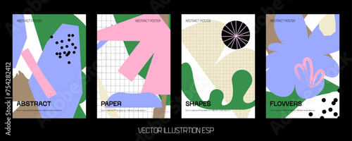 Colorful vector minimalistic Posters with bizarre abstract geometric unusual shapes and forms with different textures in matisse style, Modern wall art with aesthetic naive figures.