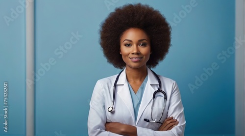 Portrait of a female doctor in a white coat on a blue background, a doctor on a background