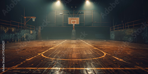 An empty basketball court with a spotlight shining on the hoop, banner photo