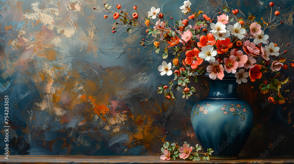 A large vintage blue vase with red and gold flowers on an old wall, in the style of oil painting - obrazy, fototapety, plakaty 