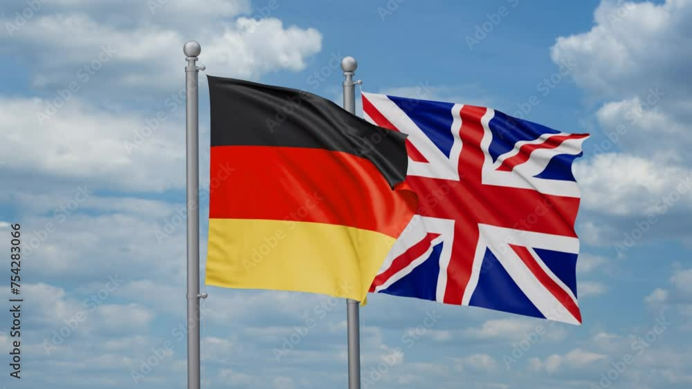 United Kingdom and Germany two flags waving together, looped video, two country cooperation concept United Kingdom and Germany two flags waving together, looped video, two country cooperation concept