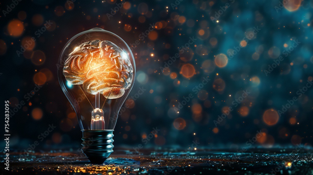 A light bulb with a brain inside of it. The bulb is lit up and surrounded by a blurry background. Concept of creativity and innovation - obrazy, fototapety, plakaty 