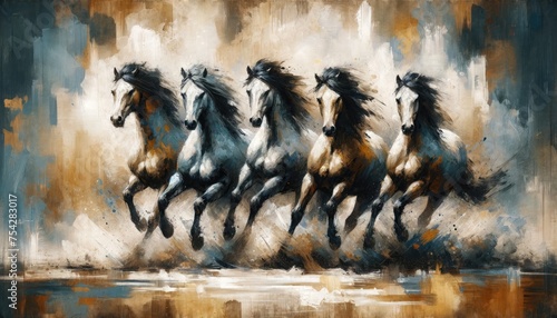 An expressive painting capturing four horses in motion, their dynamic forms blending seamlessly with the abstract, earth-toned background.