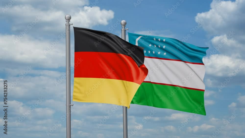 Republic of Uzbekistan and Germany two flags waving together, looped video, two country cooperation concept Republic of Uzbekistan and Germany two flags waving together, looped video, two country cooperation concept