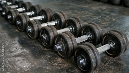 A line of iron dumbbells on a gym floor, ready for weight training workouts