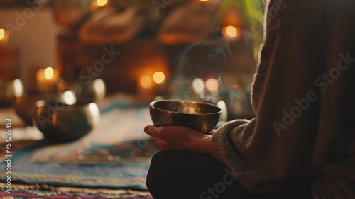A person's hands holding a singing bowl with incense, creating a tranquil meditation atmosphere
