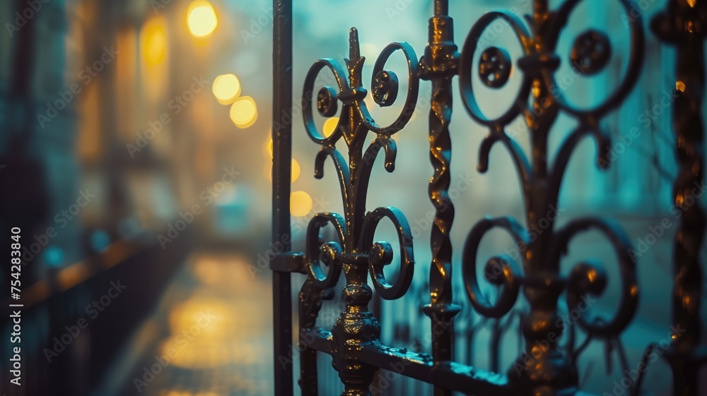 Ornate wrought iron gate opening onto a mysterious city street at night Ornate wrought iron gate opening onto a mysterious city street at night