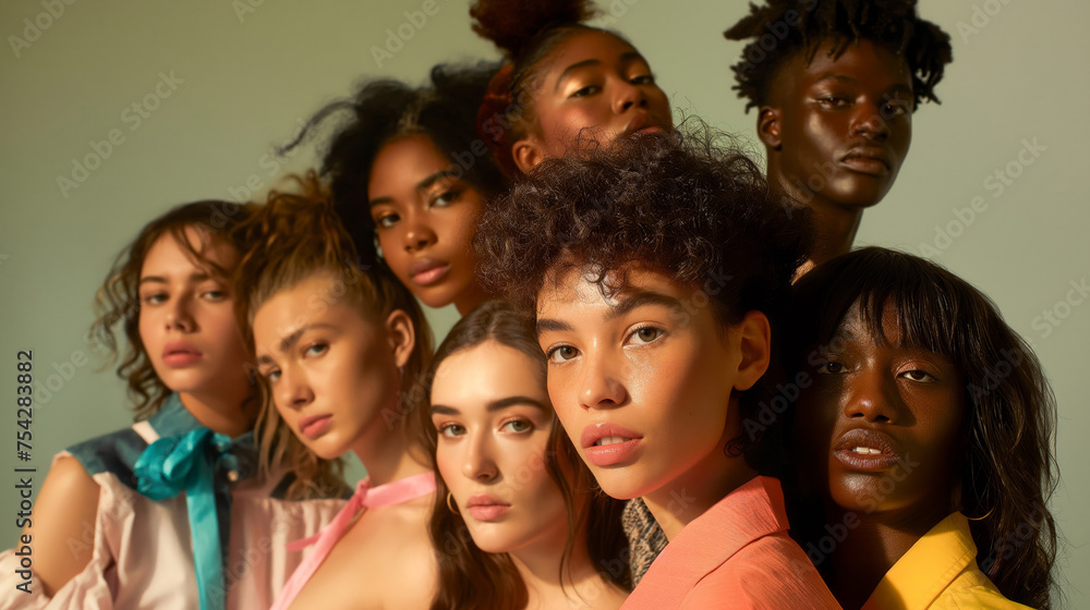 A group of models posing for the camera, of mixed race and different ethnicities, wearing pastel colors, in a studio, fashion photography, magazine cover, commercial photography