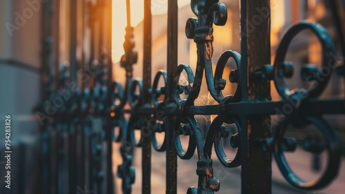 Detailed wrought iron fence casting shadows in evening light photo