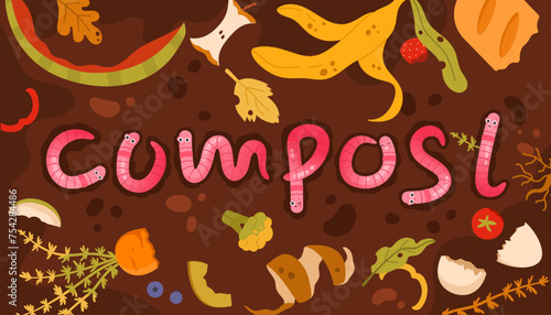 Soil with biodegradable organic waste and Compost text from cute pink earthworms. Infographic poster of decomposition in soil of natural garden and kitchen garbage heap cartoon vector illustration