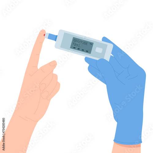 Glucose level, diabetic sugar test control. Hand in blue protective glove holding glucometer to check hypoglycemia or hyperglycemia in blood of patient by finger stick cartoon vector illustration