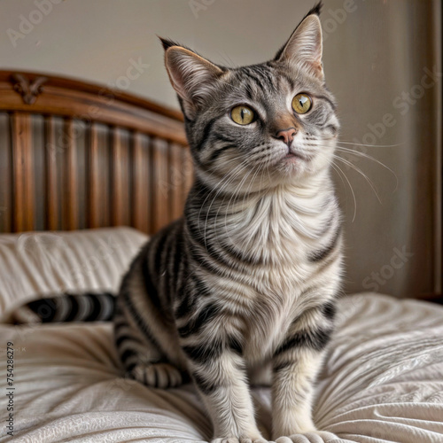 A tabby cat sits comfortably on a white bed. © stock AI cool cool