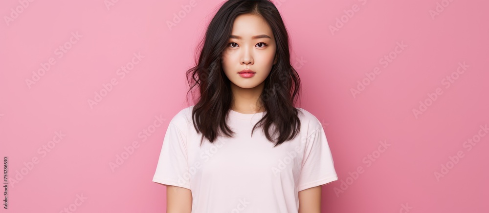 A young Asian teenage girl appears bored and indifferent as she leans her face on her hand in a skeptical pose. She stands against a pink wall, looking directly at the camera. A young Asian teenage girl appears bored and indifferent as she leans her face on her hand in a skeptical pose. She stands against a pink wall, looking directly at the camera.