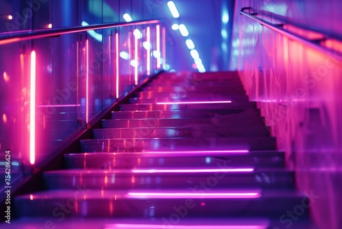 Illuminated neon stairs in purple and blue hues