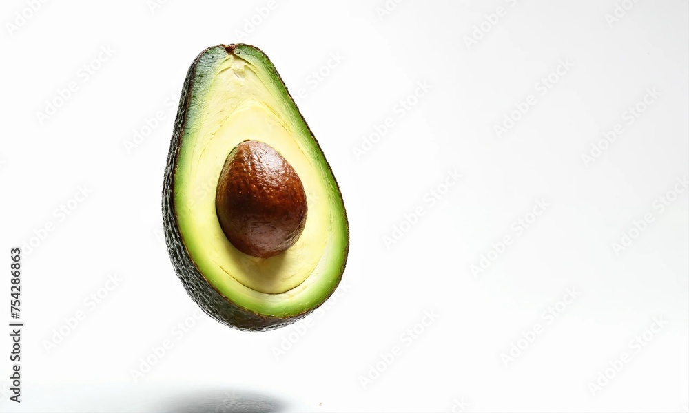  Fresh organic avocado with leaves and free space for text on white background. Vegetarian food concept.