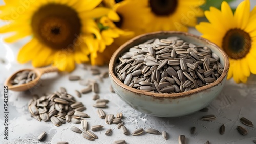 Uma tigela cheia de sementes de girassol com girassóis vibrantes ao fundo photo