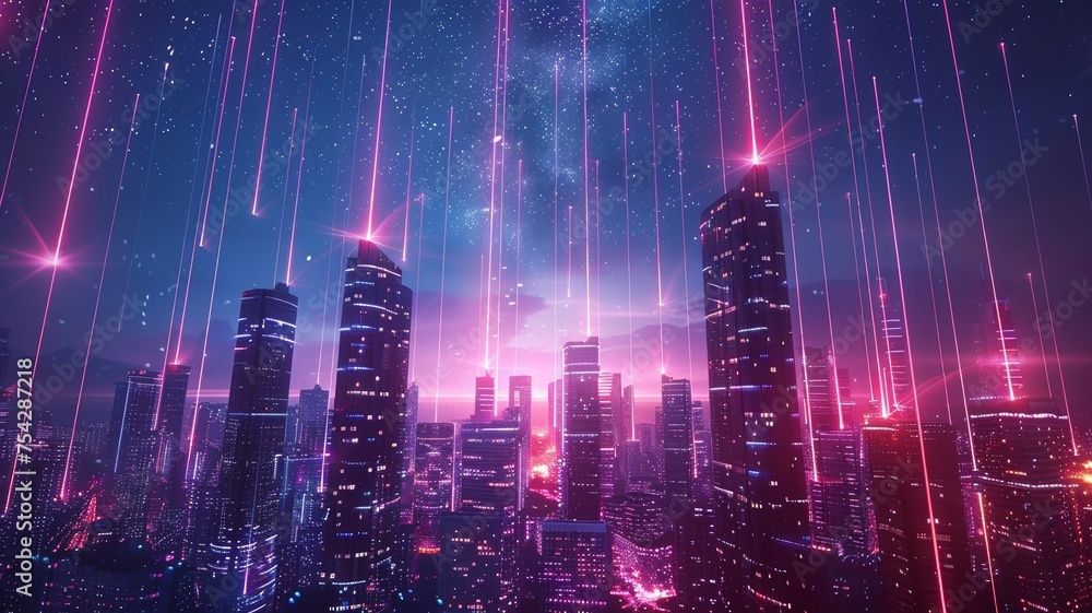 Futuristic cityscape with vibrant light streaks and digital skyscrapers