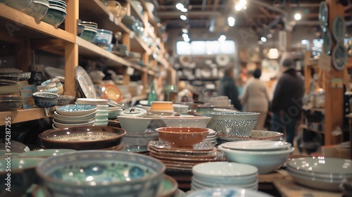 Pottery workshop display: Assorted crockery and ceramics on shelves in a retail store