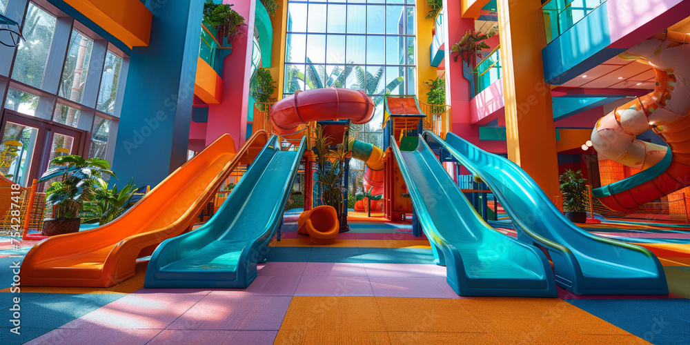A colorful indoor playground for children with slides, play equipment and toys in school building 